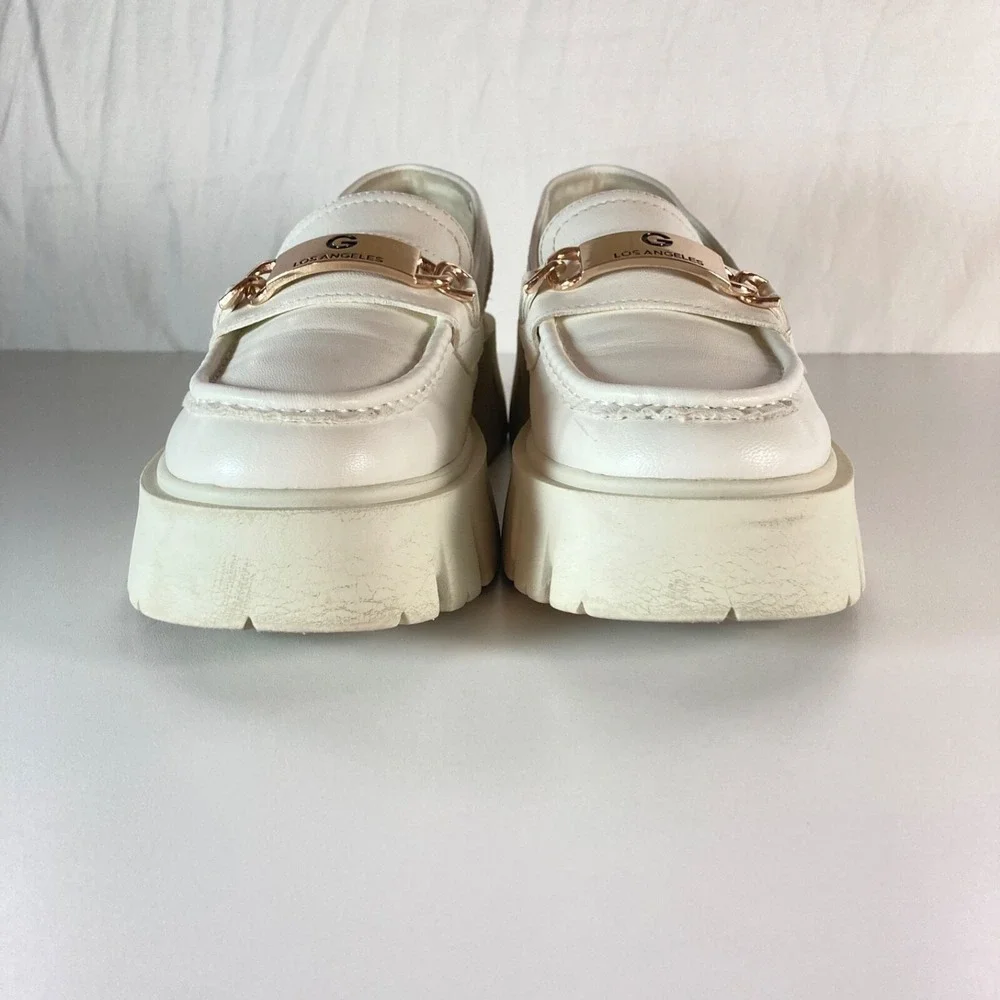 Y2k Guess Chunky Platform Loafer White Gold Buckle GBG Logo Heel Shoe Womens 8